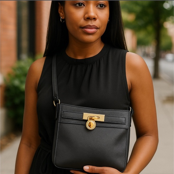 MICHAEL KORS Hamilton Traveler Leather Messenger Crossbody Bag Black EUC Auth - Picture 1 of 15
